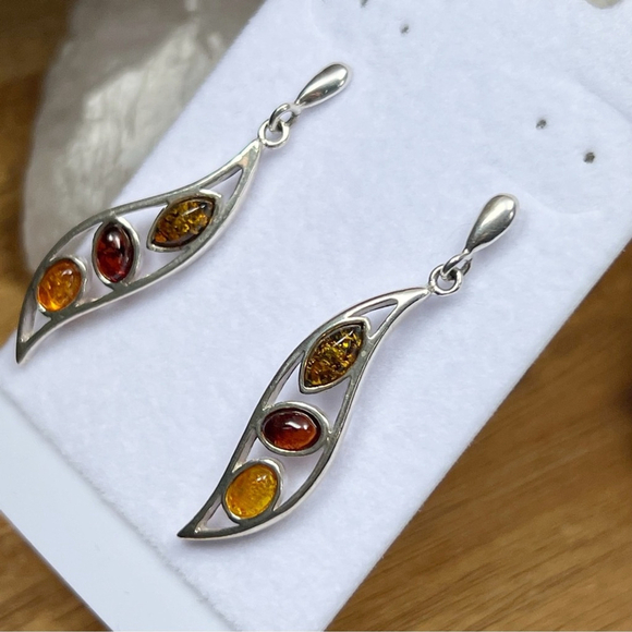 Solid Sterling Silver 925 Genuine Amber 3 Gemstone Earrings New - Picture 6 of 9
